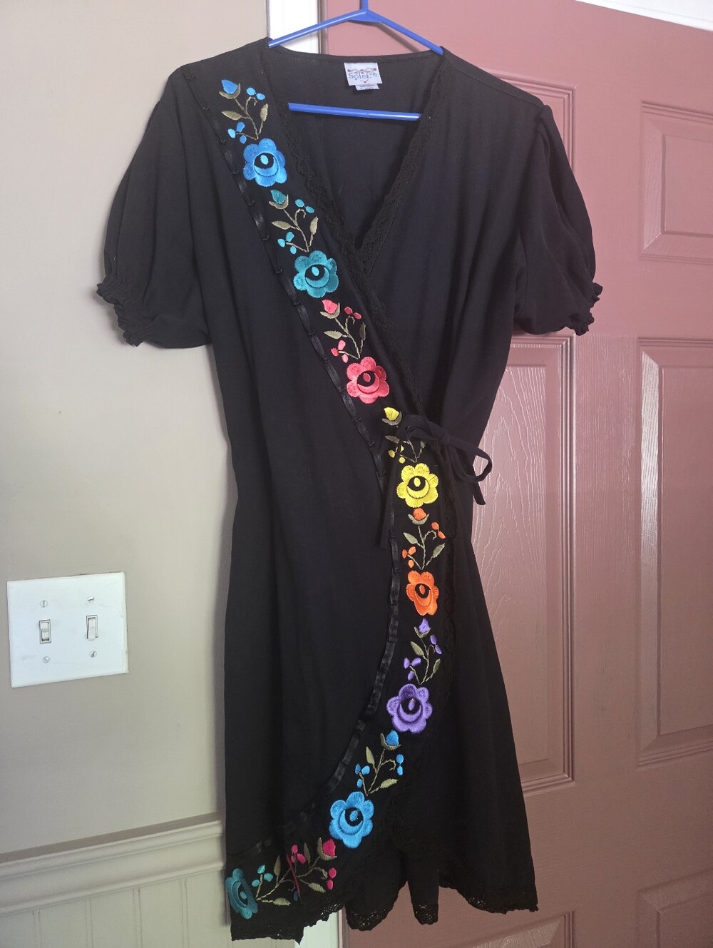 Black Wrap Dress with Multicolor Floral Embroidery